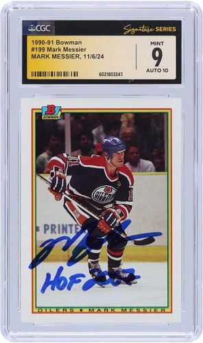 Mark Messier Edmonton Oilers Signed 90-91 Bowman #199 CGC 9/10 Card w/HOF Insc