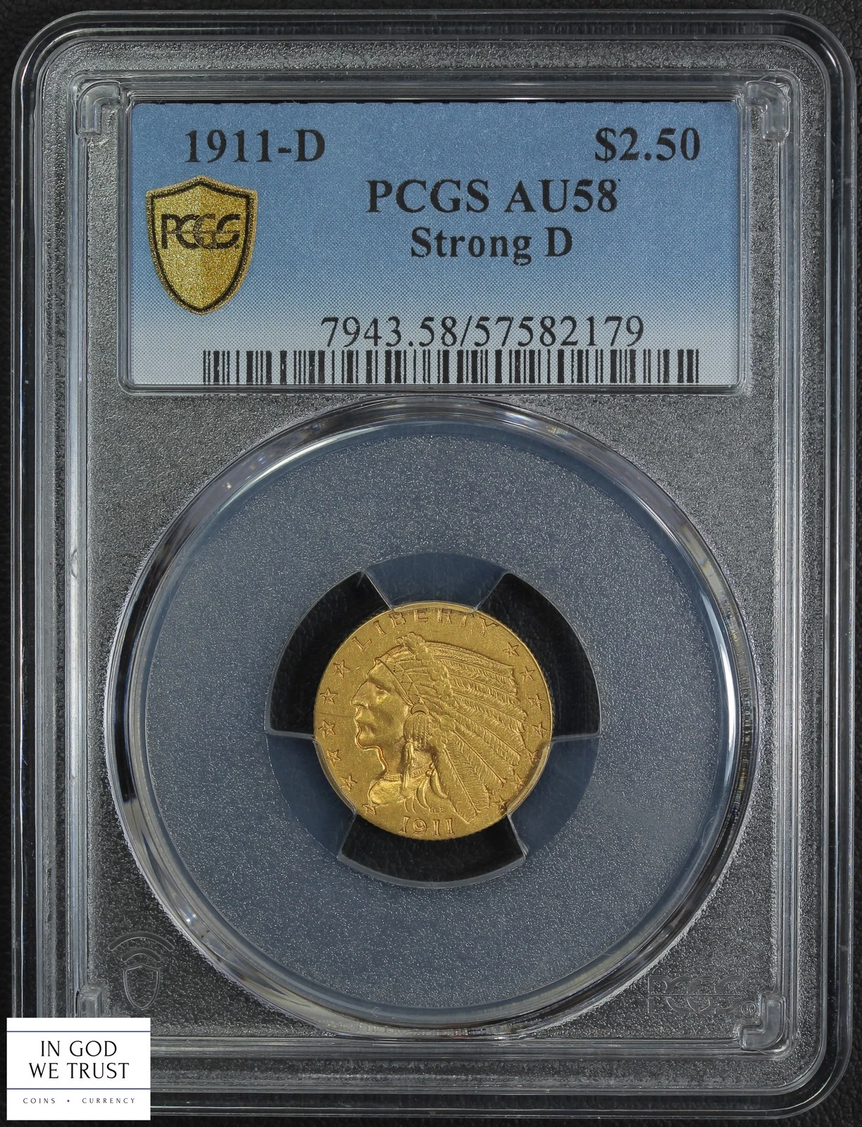 1911 D Strong D $2.50 Indian Head Gold Quarter Eagle PCGS AU 58