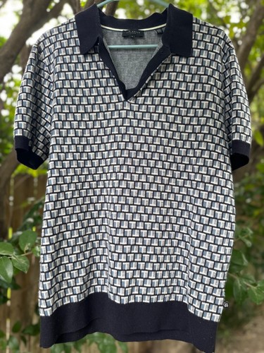 Ted Baker Men's Knit Polo Shirt | Geometric Pattern | Short Sleeve | Navy Gray