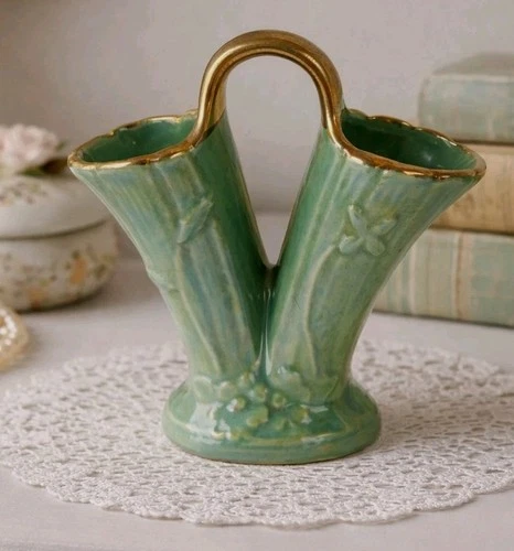 Vintage Brush McCoy Double Bud Vase Green Gold Handle Art Pottery USA