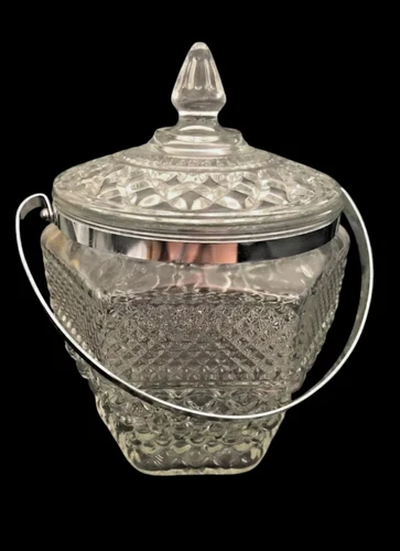 Vintage 1960s Anchor Hocking Wexford Glass Ice Bucket Diamond Pattern w/Lid 10"