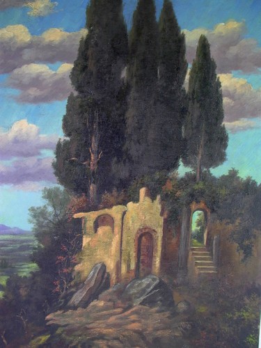 romantische südländische Landschaft - Burgruine mit Zypressen - Öl/Leinwand 1905