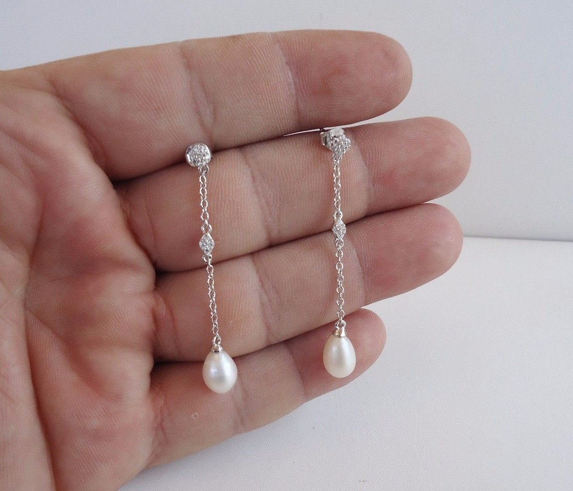 925 STERLING SILVER DANGLING FRESH WATER PEARL EARRINGS W/ ACCENTS/ 51MM LONG