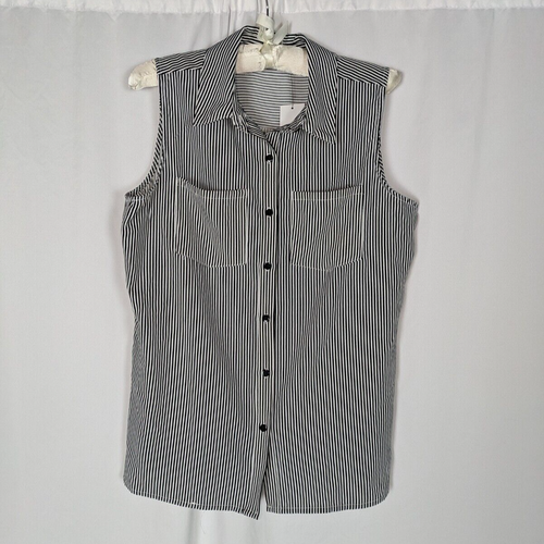NWT Notations Shirt L Women's Striped Button Down Sleeveless Collared Classic
