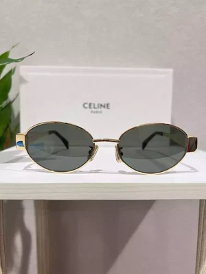 Celine CL40235U 30N Triomphe Metal Oval Sunglasses Gold Green Lens
