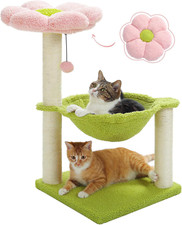 Cozy 28" Flower Cat Tree with Hammock, Scratching Post  Toy Ball - Pink