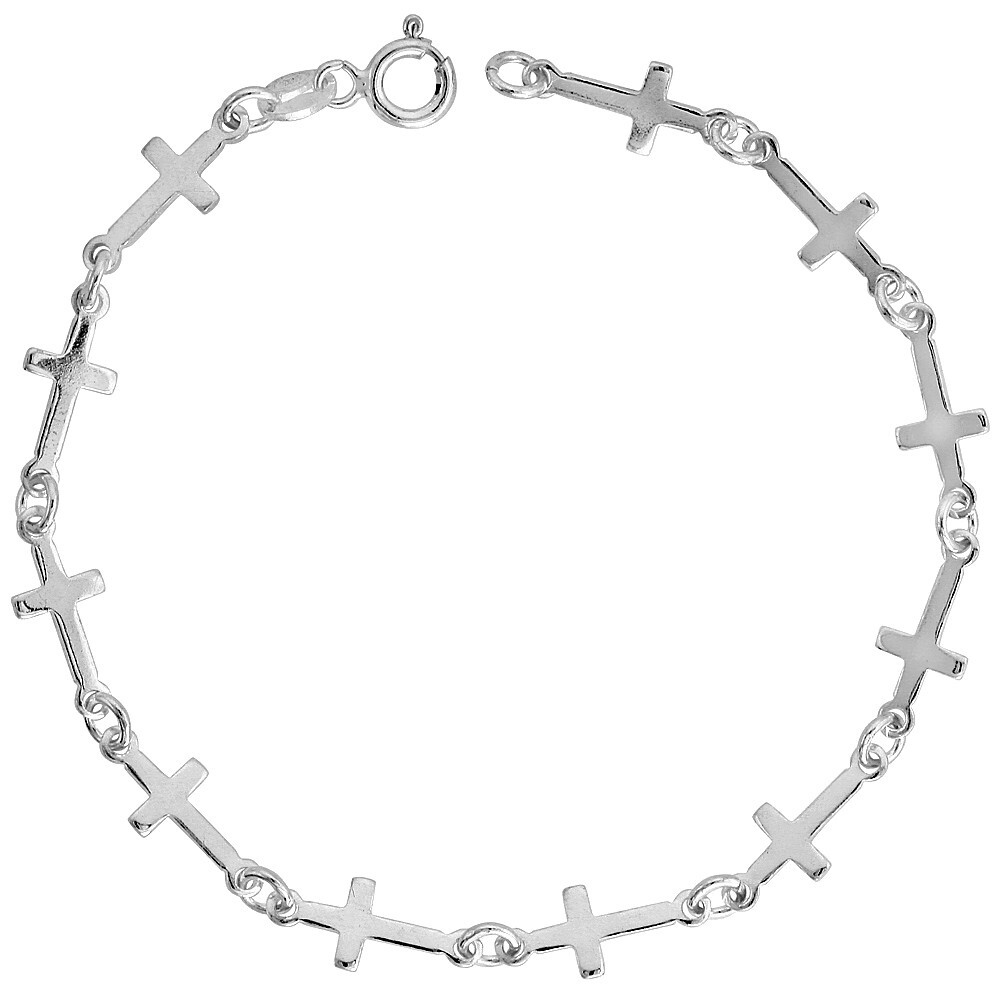 925 Sterling Silver Linked Plain Cross Bracelet Italy 6mm, 7