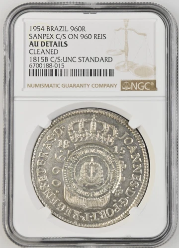 1815 Brazil Silver 960 Reis - 1954 Sanpex Counterstamp UNC Standard - NGC AU