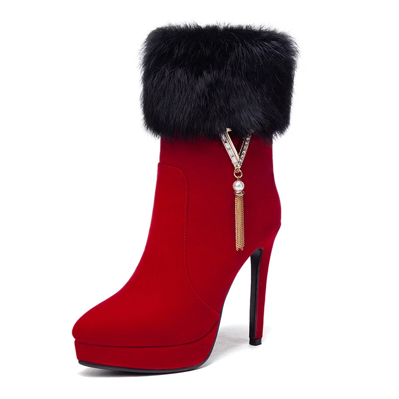 Botas para mujer Botas al tobillo de invierno Tacón alto Cremallera Gamuza Zapatos Cálidos Plataforma de piel Foto 3 de 4