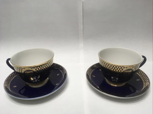 Set of 2 - LOMONOSOV Soviet COBALT BLUE 22k GOLD Porcelain Tea CUP & SAUCER USSR