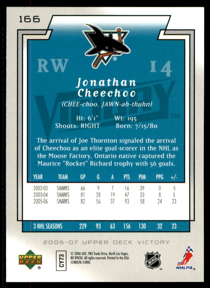 2006-07 Upper Deck Victory Jonathan Cheechoo #166 - Image 2 of 2
