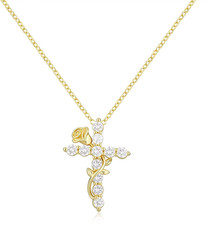 Gold Cross Necklace for Women Dainty Fashion 14K Gold Plated Zircon Rose Flower
