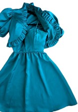 VTG Emerald Green Spaghetti Strap Dress w Ruffled Jacket & Balloon Sleeves Sz7/8