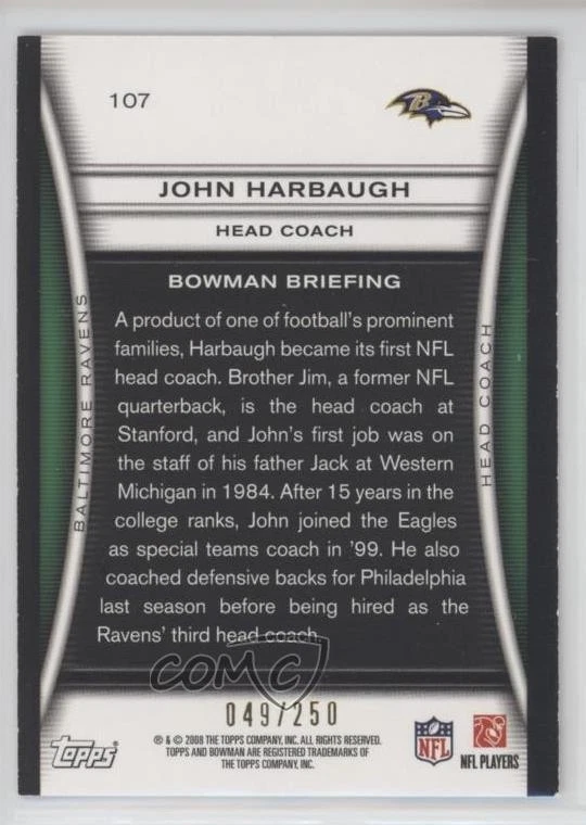 2008 Bowman Orange /250 John Harbaugh #107 Rookie RC - Image 2 of 2