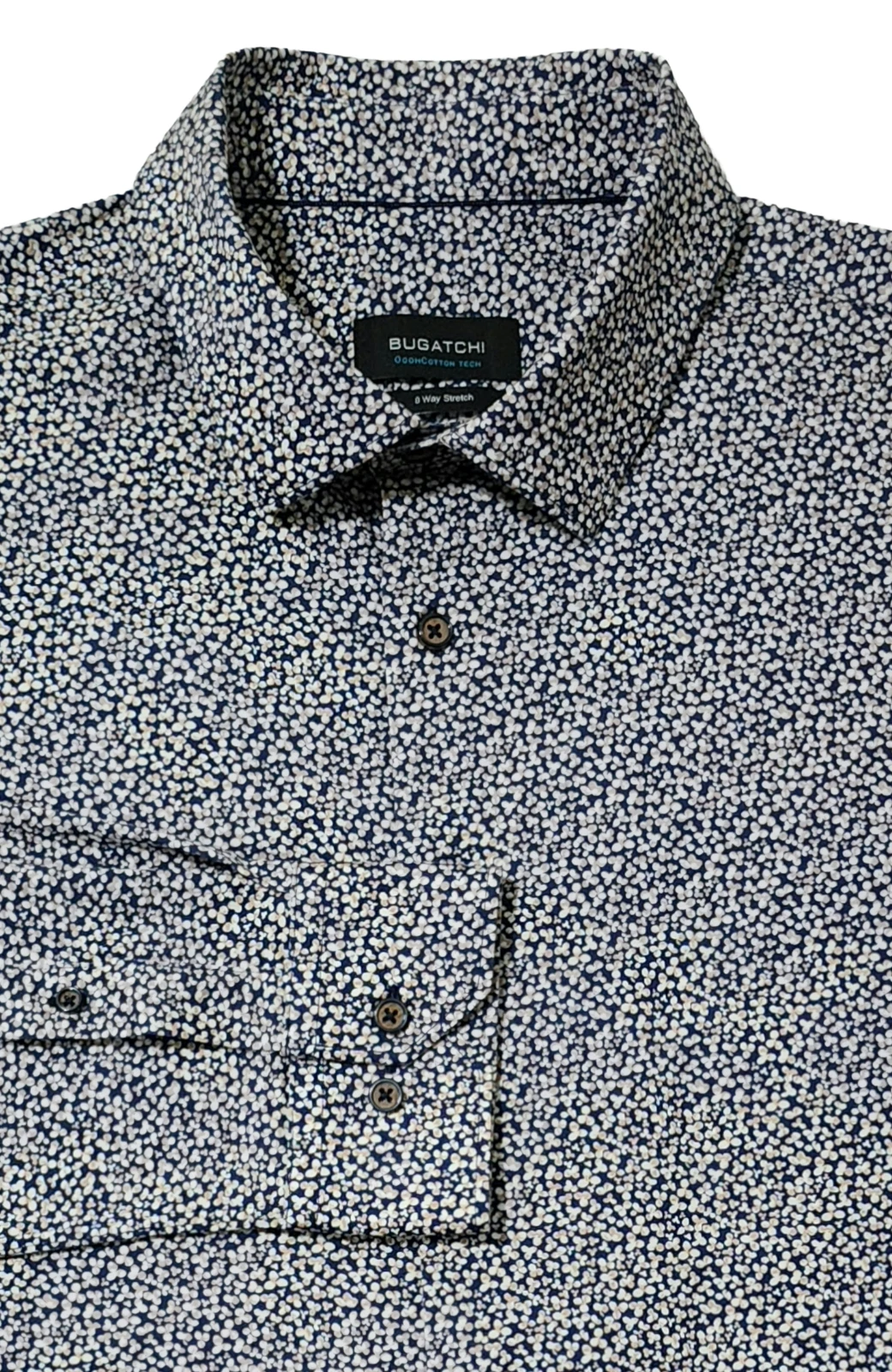 Bugatchi OoohCotton Tech 8-Way Stretch Shirt Navy Beige Long Sleeve Men's XL EUC