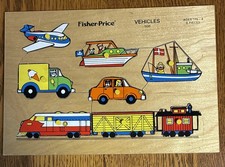 Vintage "70's" Fisher Price Wood Childrens Puzzle 8 Piece VEHICLES 508