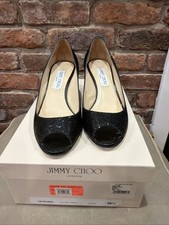 JIMMY CHOO ISABEL Black Glitter Fabric Peep Toe Heels 6.5