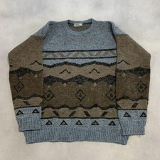 Vintage Abstract Knitted Jumper Patterned Grandad Knit Sweater Men's Xl