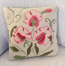 Vintage Needlepoint Pillow Wool/ Green Velvet 11 Floral Classic Cottage Garden