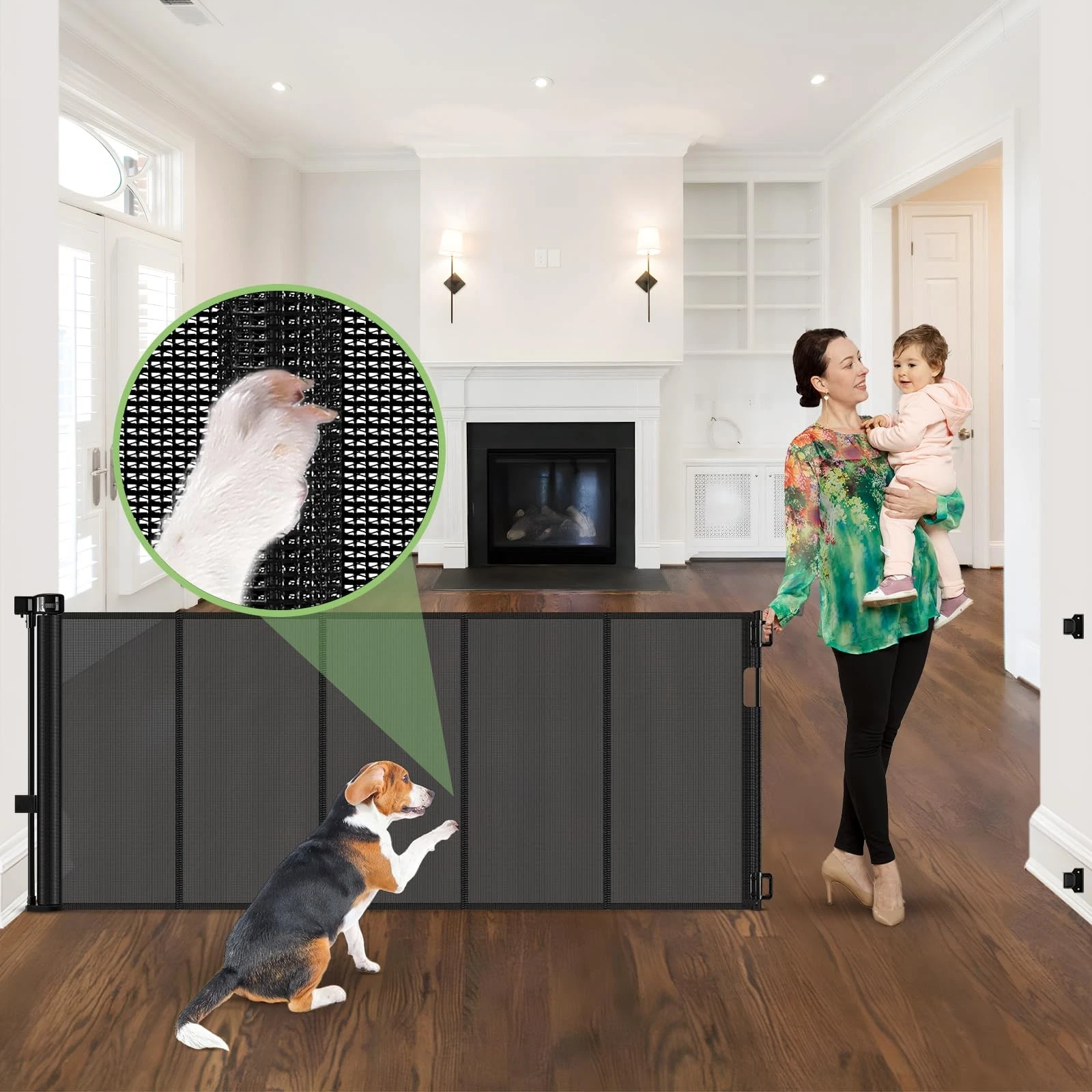 96 Inch Wide Reinforced Retractable Baby Gate with Support Rods, Extra Long D...