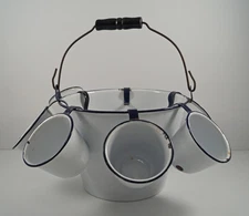 ANTIQUE CAMPING WHITE KITCHEN ENAMELWARE BUCKET w/ CUPS PRIMITIVE AMERICANA