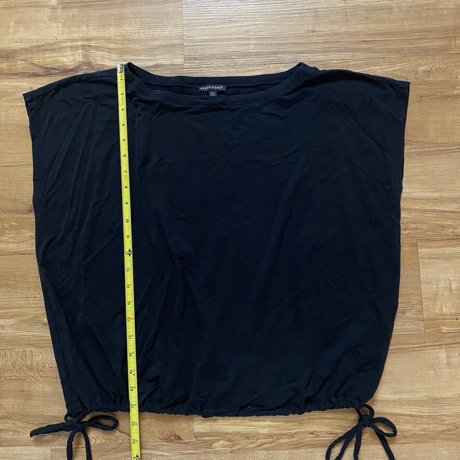 Eileen Fisher L Black Fine Jersey Knit Square Top Bateau Neck Drawstring Waist