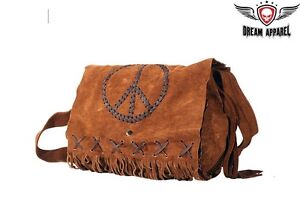 Women-039-s-Genuine-Brown-Suede-Purse-With-Peace-Sign-NEW-DEAL