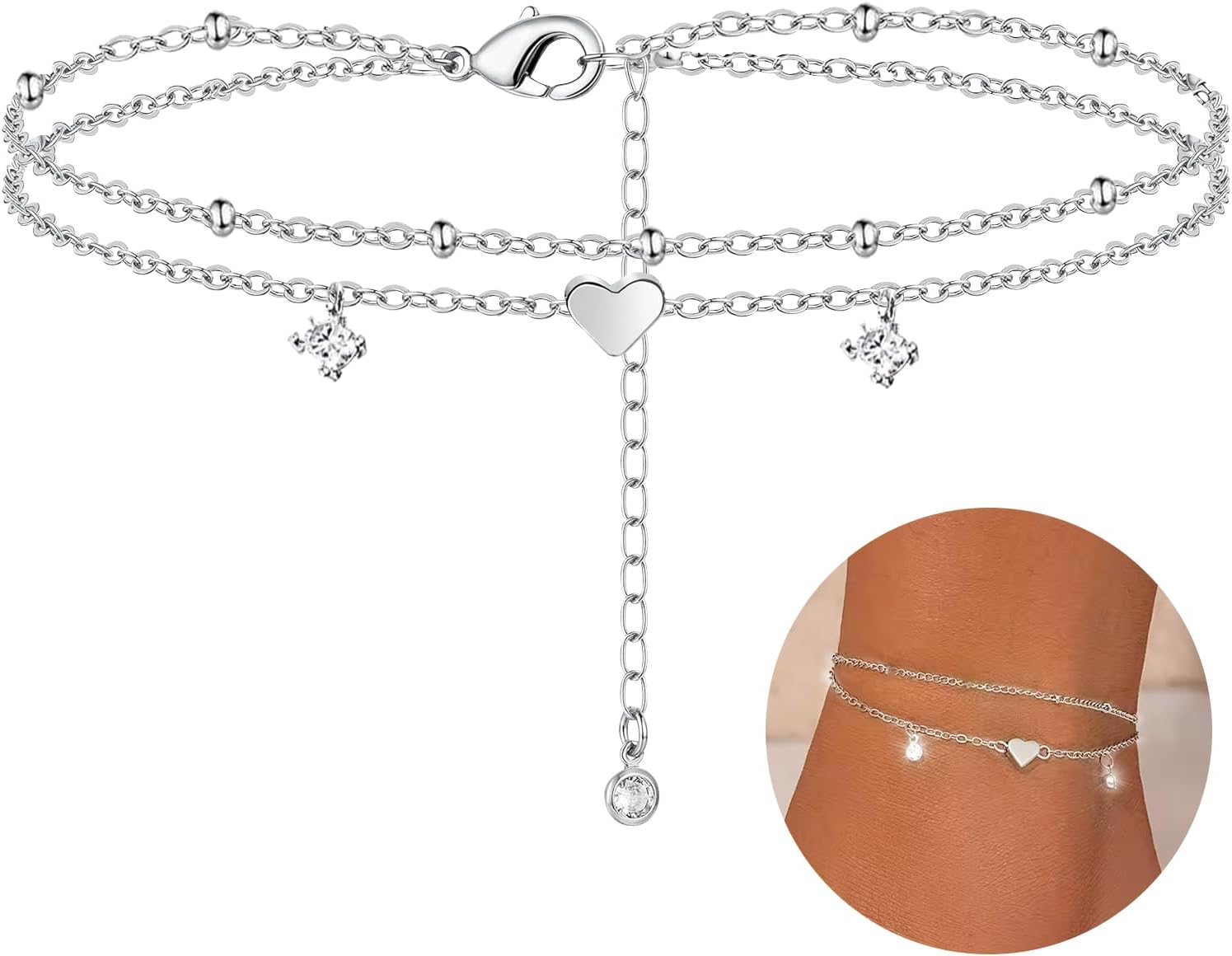 Silver Plated Layered Heart Anklet Bracelet with Cubic Zirconia for Women-image