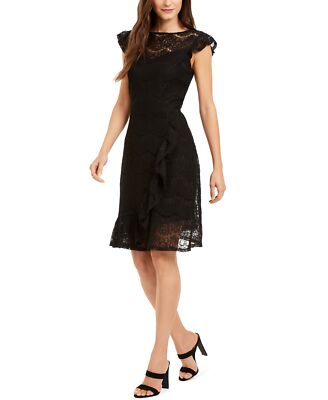 Monteau Womens Black Lace Floral Cap Sleeve Jewel Neck Short Fit + Flare Party Dress Size PS