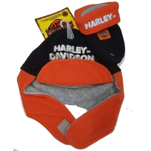 Harley-Davidson Logo Infant Boy Fleece Winter Hat & Mittens Gift Set, Orange