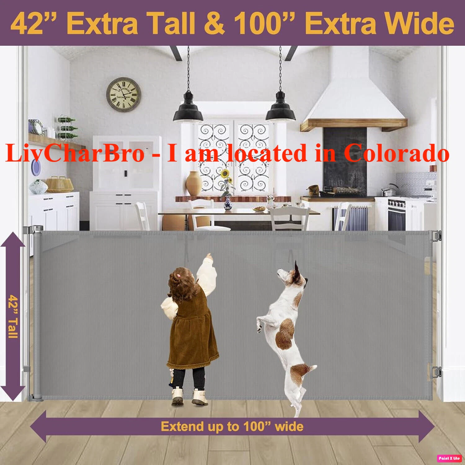 42" Extra Tall X 100" Wide Retractable Baby Pet Gate for Large Openings Gray
Opens in a new window o
