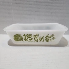 Vintage GLASBAKE Milk Glass Loaf Pan - Green Herb Design - #3522