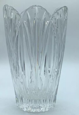 Vtg 24% Lead Crystal Vase Mouth Blown Hand Cut Clear Glass 10'' BLOCK WYNDHAM-MCM