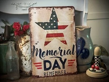 Red White Blue Memorial Day Vintage style Advertising Metal Sign 12X8” Patriotic