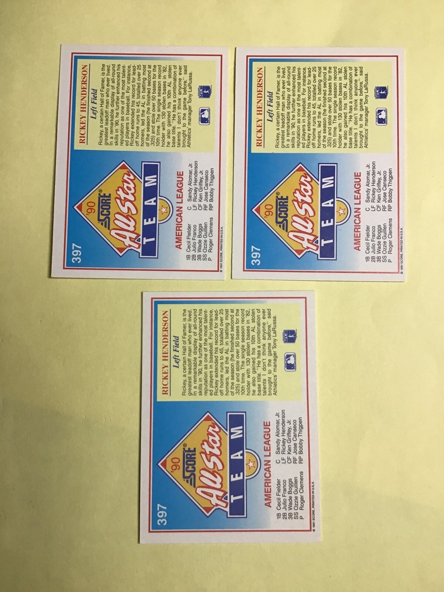スケッチカード  バッキー 1991 Score Baseball #397 Rickey Henderson All Star - 3 Cards LOT