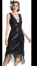 NEW Sequin Dress Woman’s Size Medium  Fringe Hem Black Colorful Iridescent Shine