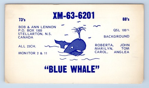 Blue Whale Lennon Stellerton Nova Scotia Canada QSL Ham Radio Card VTG - 第 1/2 張圖片