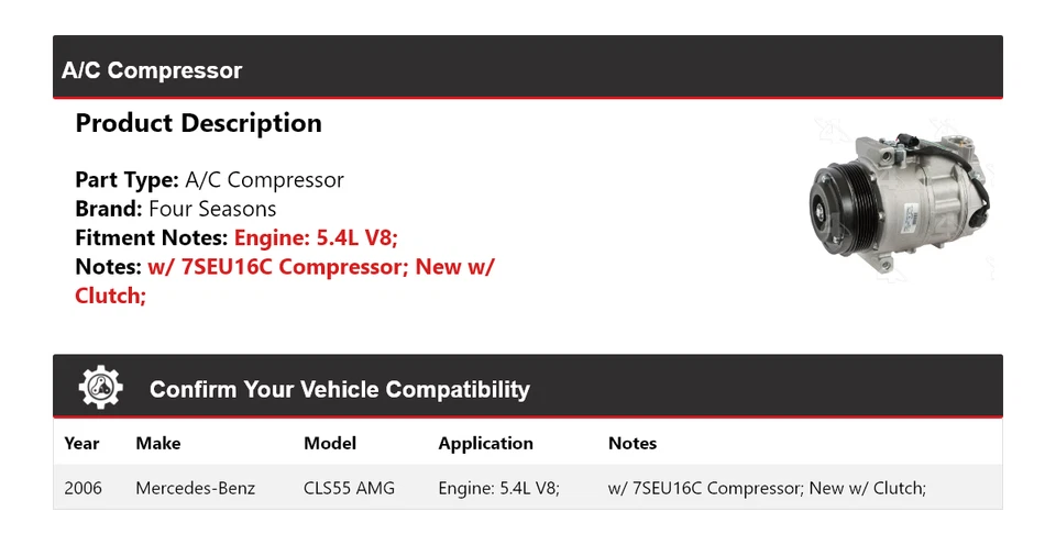 Compressor 4 estações Mercedes-Benz CLS55 AMG 5.4L V8 A/C para 2006 - Imagem 2 de 4