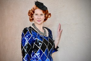 Vintage Dress Black Blue Formal Sequined Sz M/L Facsinator Hat