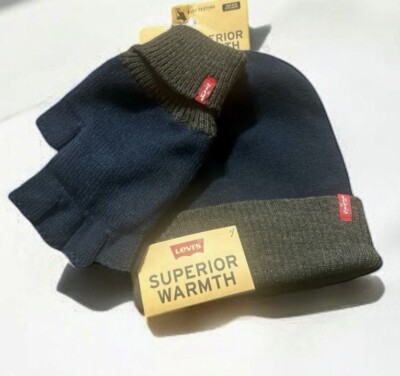 Levi’s Men’s Beanie Hat Fingerless Gloves Set Winter Knit Ships  Global