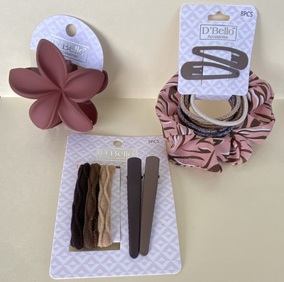 D'Bello Accessories Flower Hair Accessories Set Clips, Scrunchies, Ties Pink