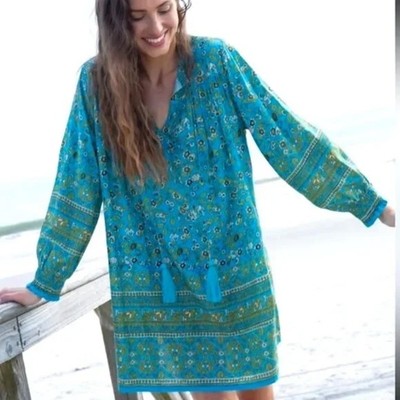 Natural Life Dara V Neck Lightweight Turquoise Floral Shift Mini Dress Medium