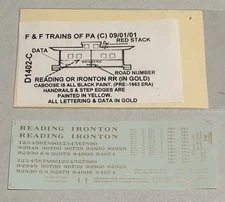 UNBRANDED (F&F/DM CUST) HO DECAL-READING -or- IRONTON CABOOSE-BLK w/BRNZ LETT