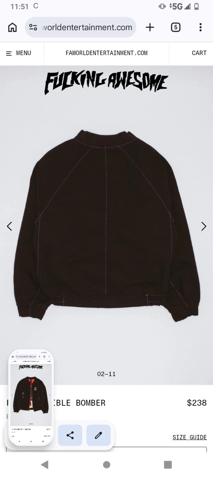 FA F*CKING AWESOME NEW WITH TAGS REVERSIBLE BOMBER-BLACK MEDIUM - product detail image 10