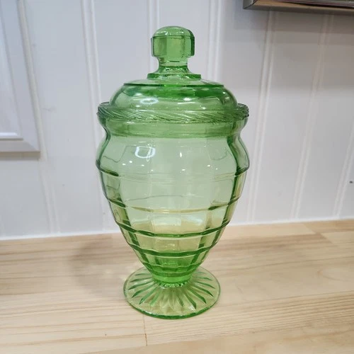6.5" Anchor Hocking Block Optic Green Uranium Glass Footed Candy Dish w/ Lid UV