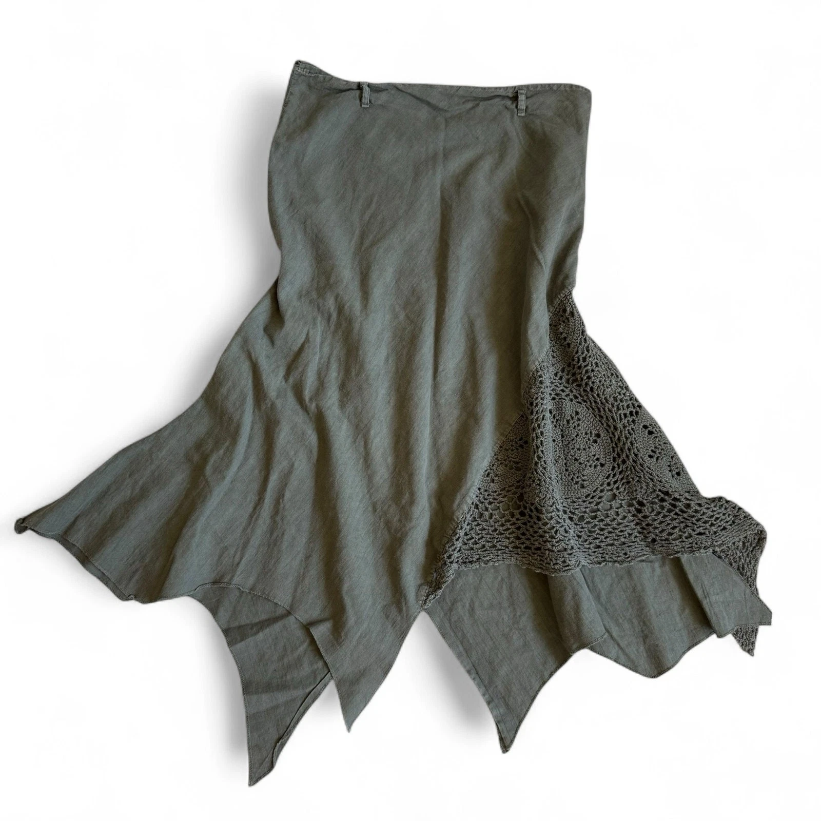Vintage assymetrical hem army green cotton linen midi skirt crochet details L