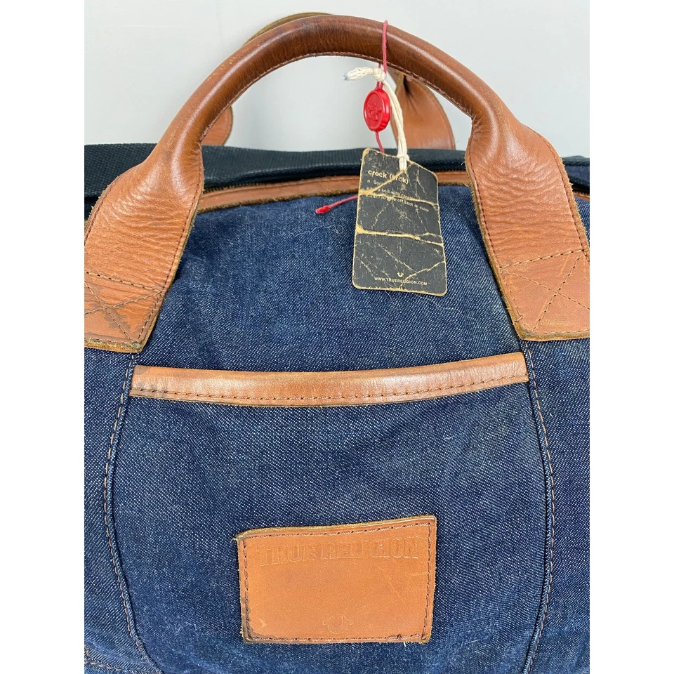 True Religion Denim Azul Vaqueros Cuero Grande Viaje Bolso de Lona de Hombro Foto 2 de 4