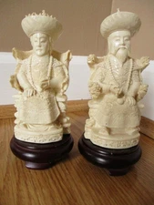 Vintage Chinese Emperor and Empress 5.5" Figurine Statues On Wood Base