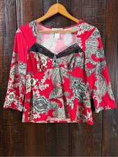 Linea Donatella Red Paisley Lace-Trim Pajama Top Medium