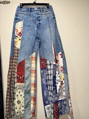 We The Free Patchwork Wide-Leg Denim Jeans Blue Multicolor Button Women's